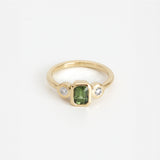 Emerald Cut Sapphire & Diamond Bezel Set Three Stone Ring