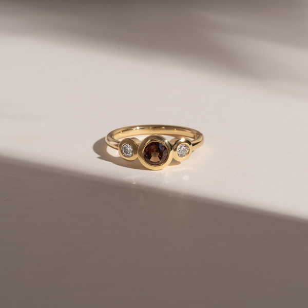 Brown Sapphire & Diamond Bezel Set Three Stone Ring
