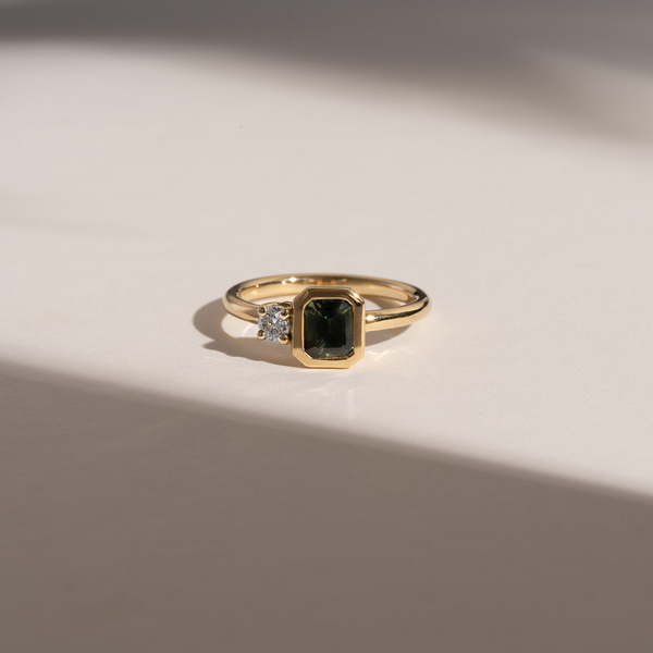 Green Sapphire & Claw Set Diamond Mismatch Ring