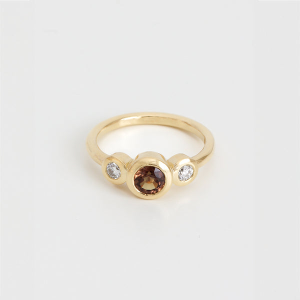 Brown Sapphire & Diamond Bezel Set Three Stone Ring