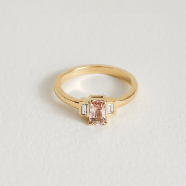Peach Emerald Cut Sapphire with Diamonds in 18ct Yellow Gold
