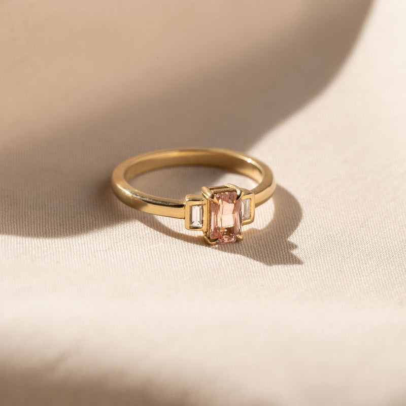 Peach Emerald Cut Sapphire with Diamonds in 18ct Yellow Gold