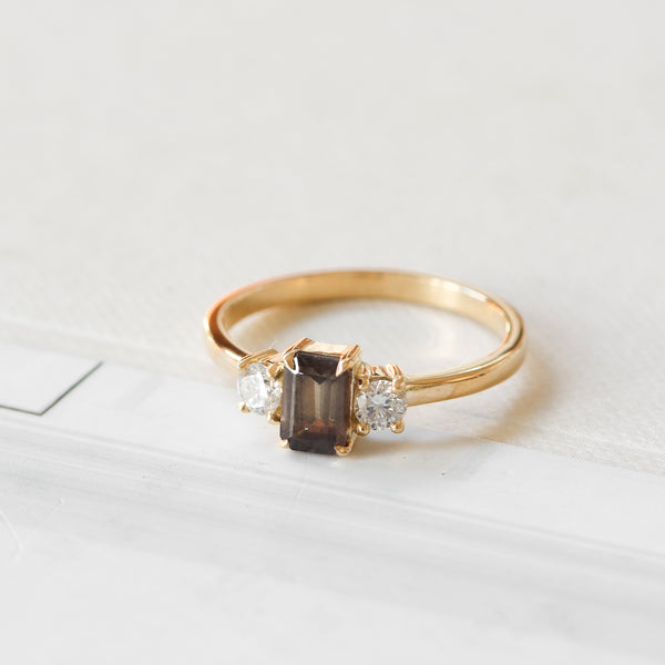 Brown Emerald Cut Sapphire with Diamonds in Yellow Gold