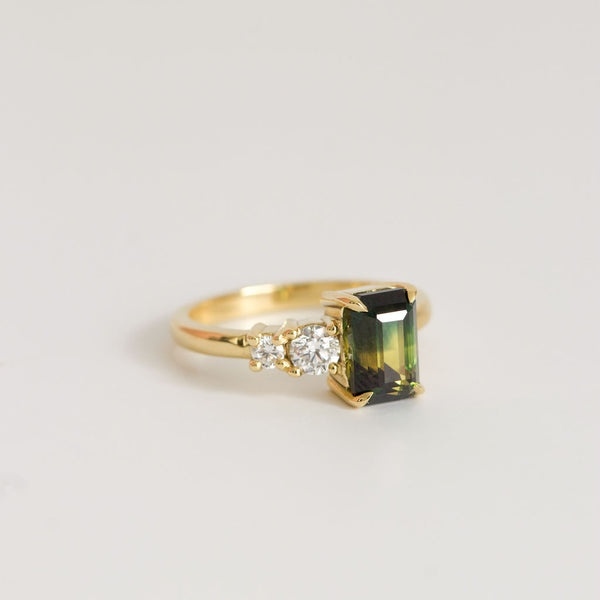 Parti Emerald Cut Sapphire with Diamonds in 18ct Yellow Gold