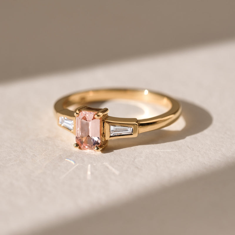 Octagon Cut Pink Sapphire with Tapered Baguette Diamonds in 18ct Yellow Gold
