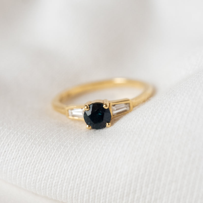 Blue Sapphire with Tapered Baguette Diamonds in 18ct Yellow Gold