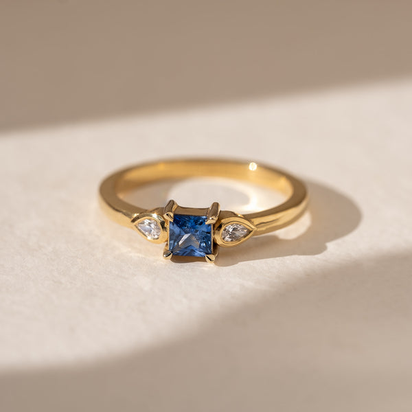 Square Blue Sapphire with Pear Diamonds in 18ct Yellow Gold